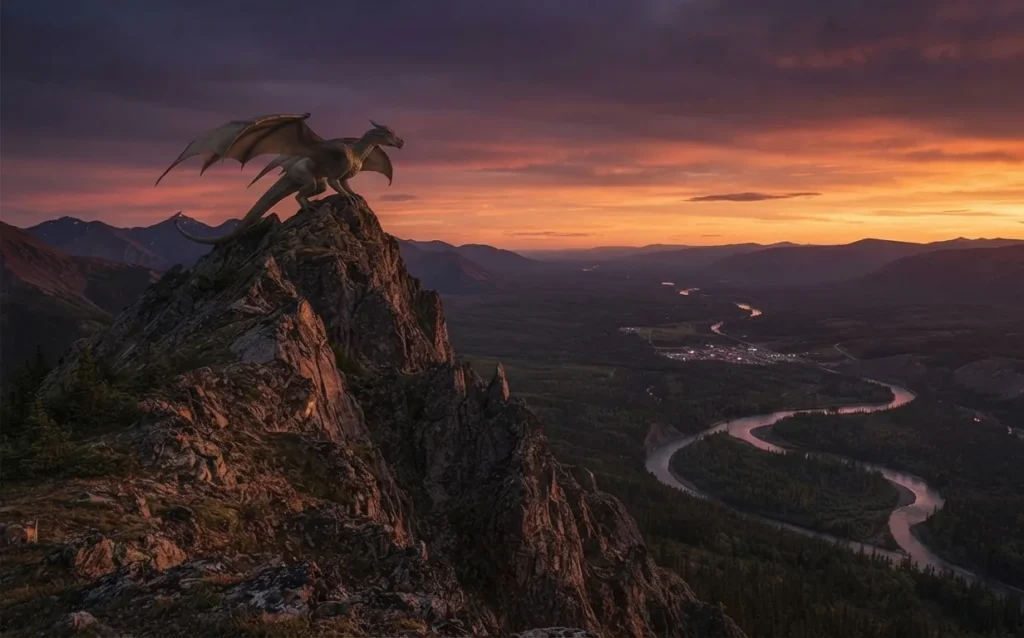 Realistic dragon overlooking its natural habitat.