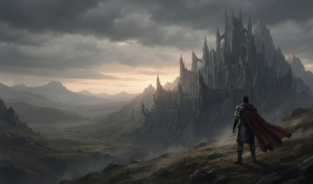 Hero facing the darkness of a fantasy world.