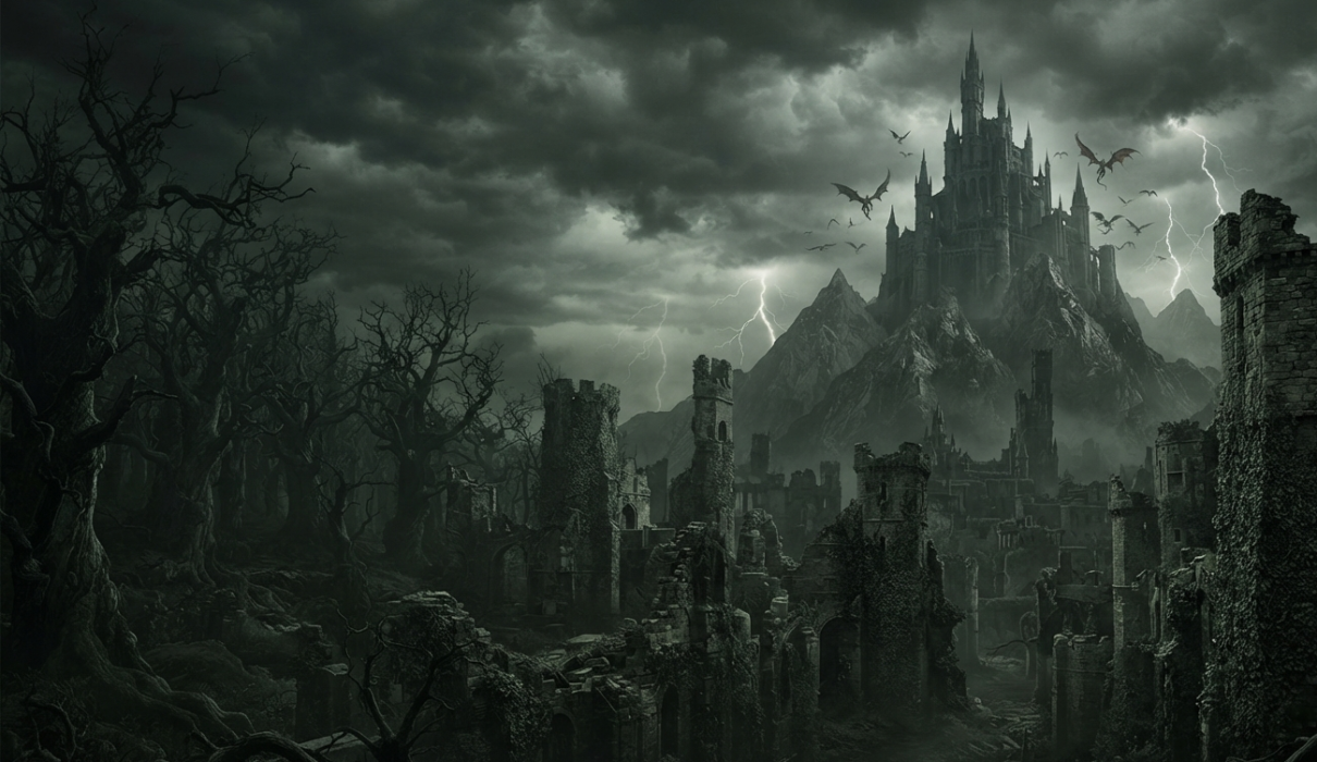 Dark fantasy world combining magic, danger, and gothic atmosphere.