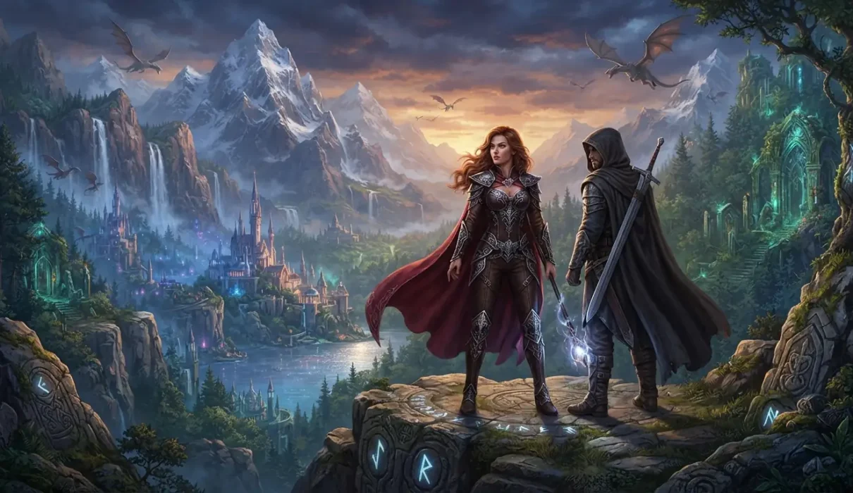 Fantasy romance protagonists standing together in a magical world.