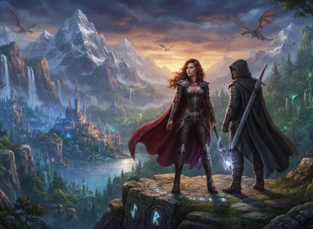 Fantasy romance protagonists standing together in a magical world.