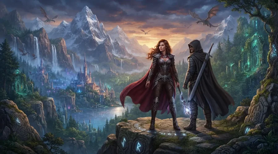 Fantasy romance protagonists standing together in a magical world.