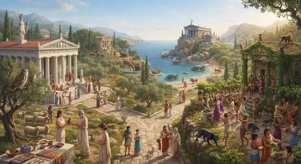 Greek gods represented through different cults and traditions.