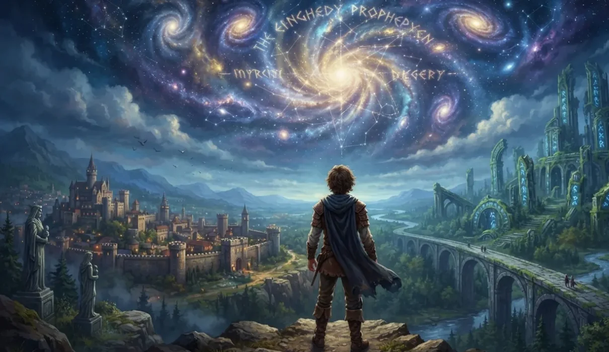 Chosen one hero standing before an ancient prophecy.