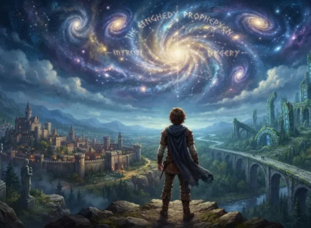 Chosen one hero standing before an ancient prophecy.