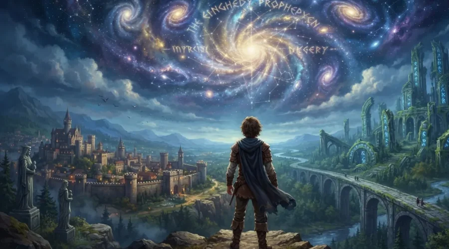 Chosen one hero standing before an ancient prophecy.