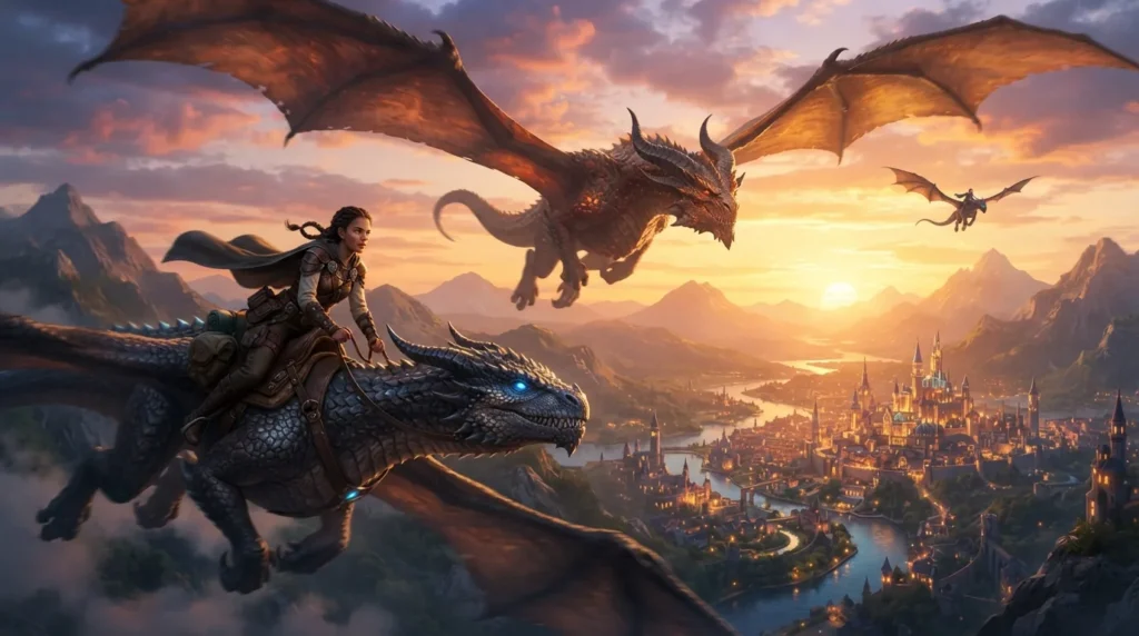 Why Dragons are having a moment in romantasy - Dragon rider and romantasy world at sunset.