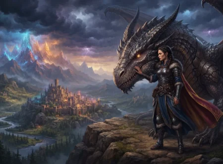 Dragon rider and dragon in a romantasy setting.