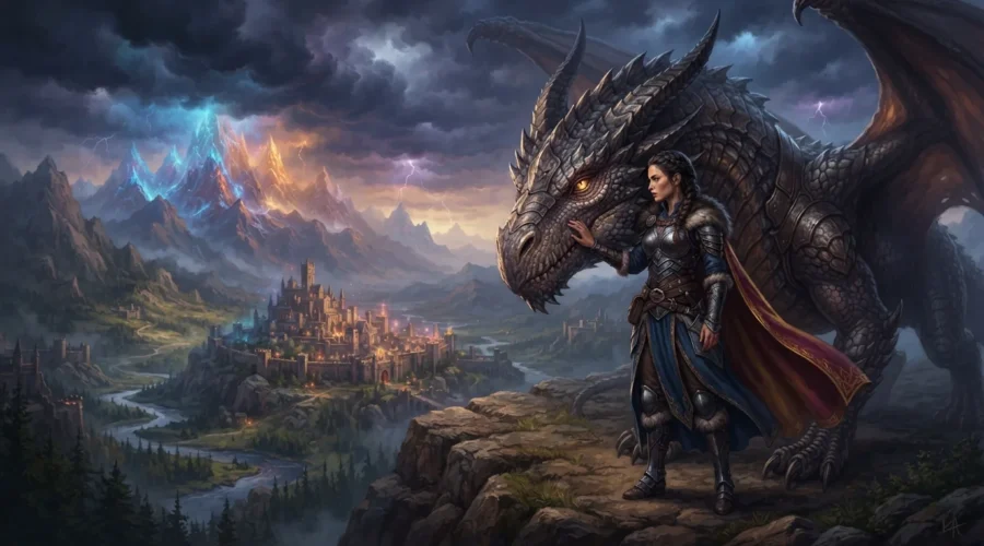 Dragon rider and dragon in a romantasy setting.