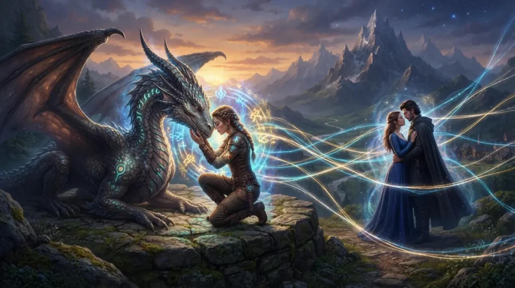 Dragon bond and romantic relationship in fantasy.