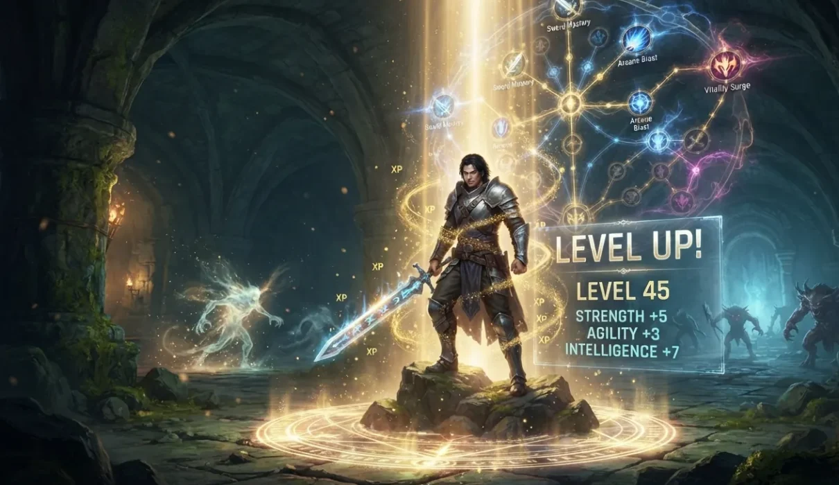 Progression fantasy & LitRPG hero advancing through levels and skills.