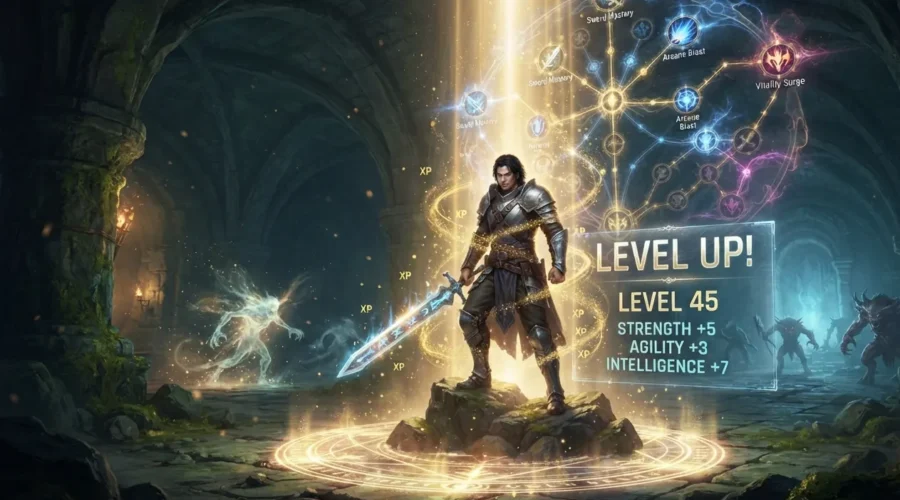 Progression fantasy & LitRPG hero advancing through levels and skills.