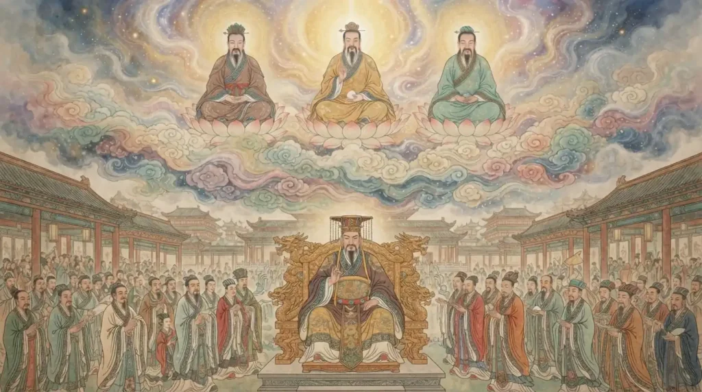 Jade Emperor beneath the Three Pure Ones in Daoist hierarchy.