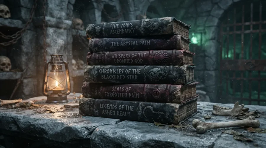 grim & gritty dark fantasy books arranged in a mysterious gothic library
