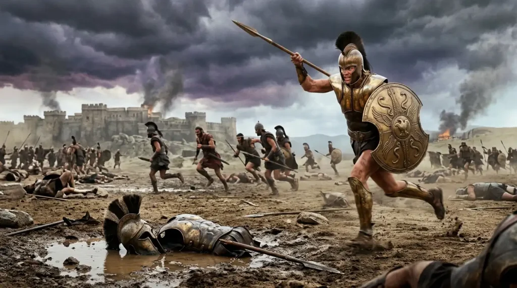 Achilles charging across the battlefield of Troy