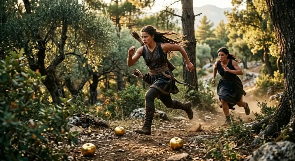 Atalanta racing while golden apples lie along the path