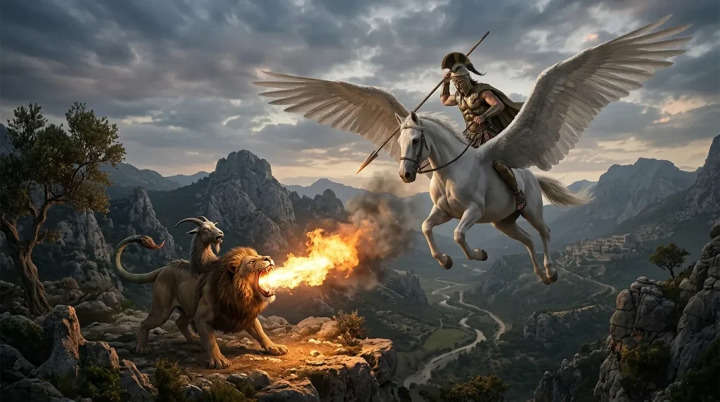 Bellerophon riding Pegasus against the Chimera