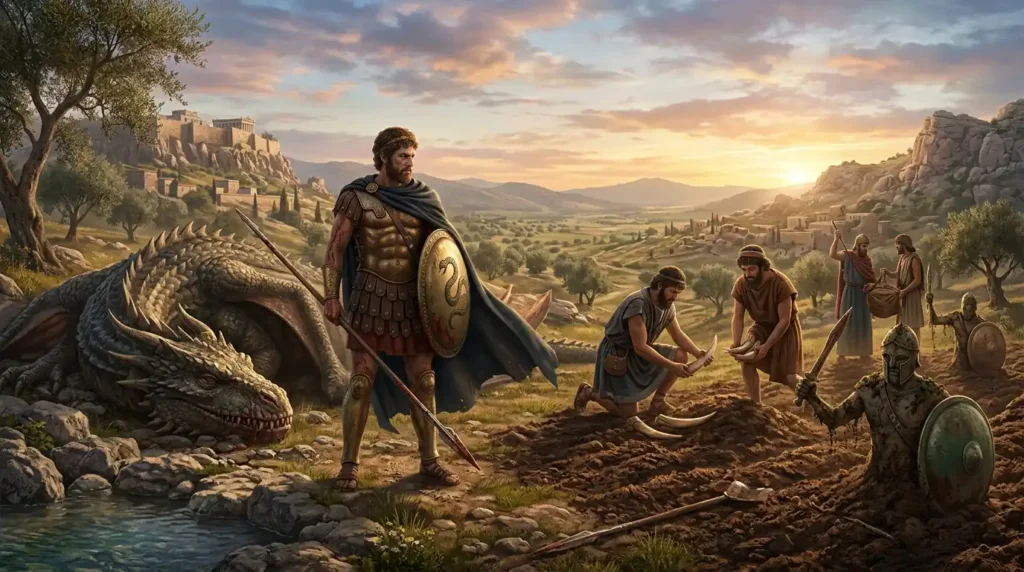 Cadmus beside the dragon he defeated at Thebes