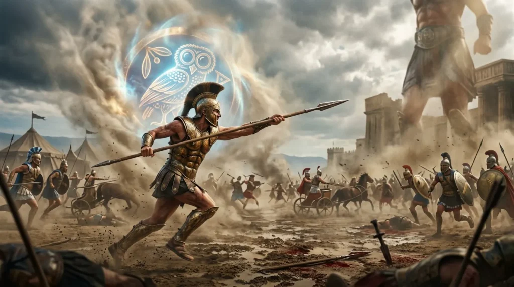 Diomedes charging into battle at Troy with Athena's aid