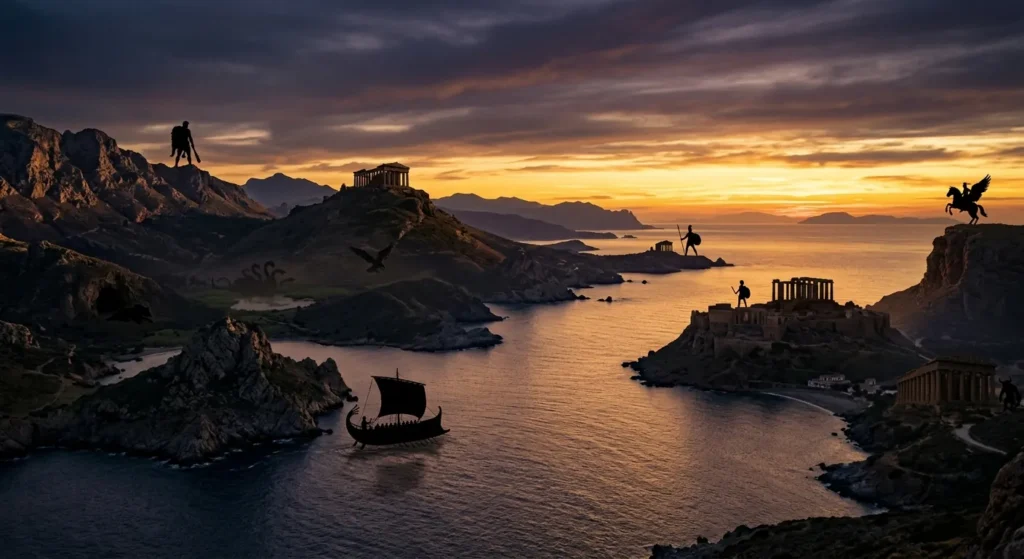 Greek heroes represented across a mythological Mediterranean landscape