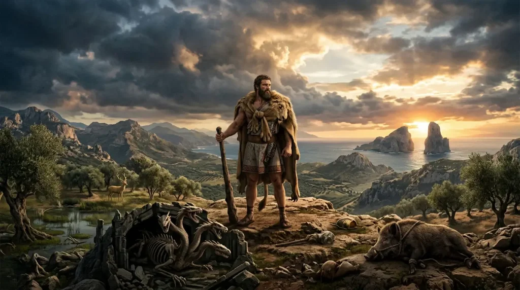 Heracles surrounded by symbols of his legendary labors