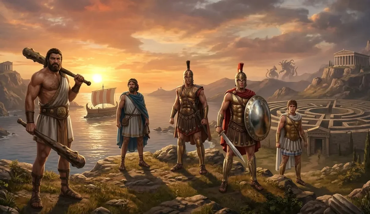 Legendary Greek heroes gathered across a mythic Mediterranean landscape