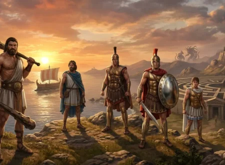 Legendary Greek heroes gathered across a mythic Mediterranean landscape