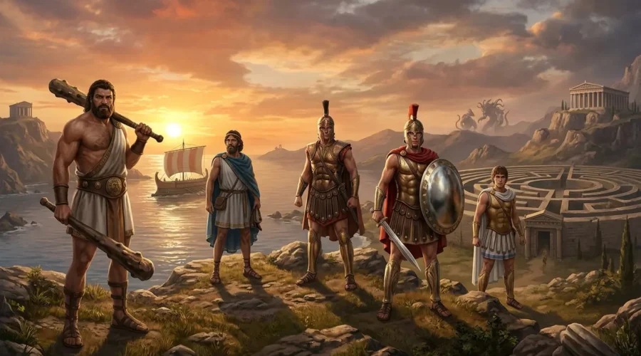 Legendary Greek heroes gathered across a mythic Mediterranean landscape