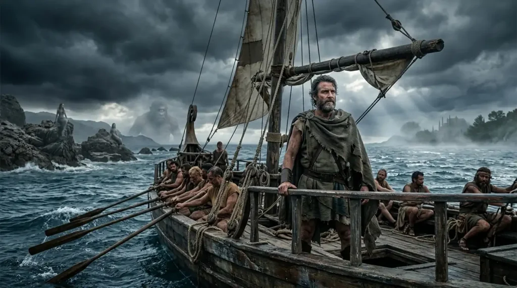 Odysseus sailing home after his legendary adventures