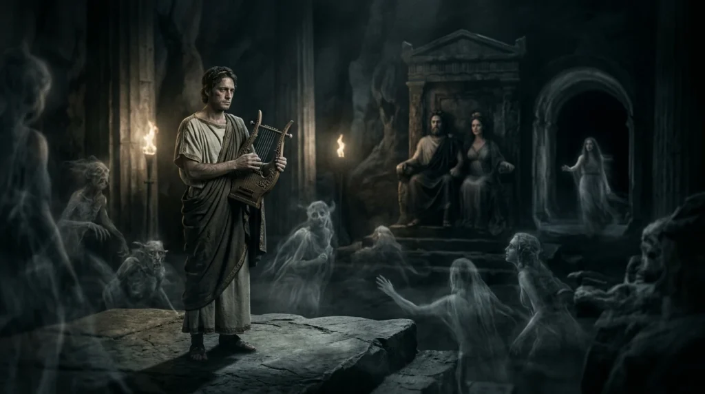 Orpheus playing his lyre before the rulers of the Underworld