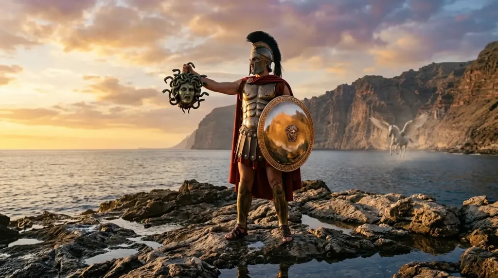 Perseus holding Medusa's head after defeating her