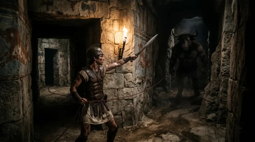 Theseus confronting the Minotaur inside the labyrinth