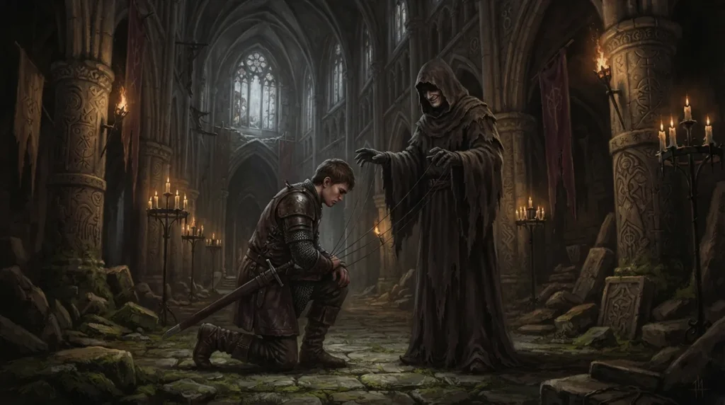 A sinister mentor secretly controls a kneeling young warrior with invisible puppet strings in a ruined gothic hall.