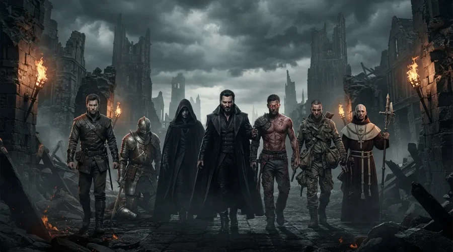 Seven dark fantasy archetypes characters gathered in a ruined city
