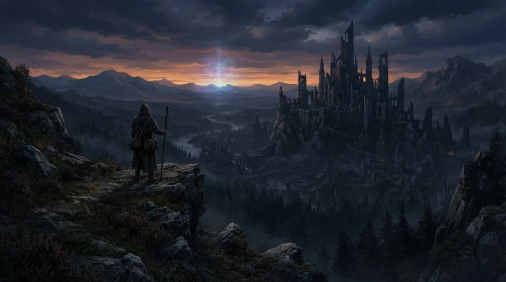 A lone traveler overlooks a cursed kingdom from a cliff as a faint magical glow appears beyond the ruins.