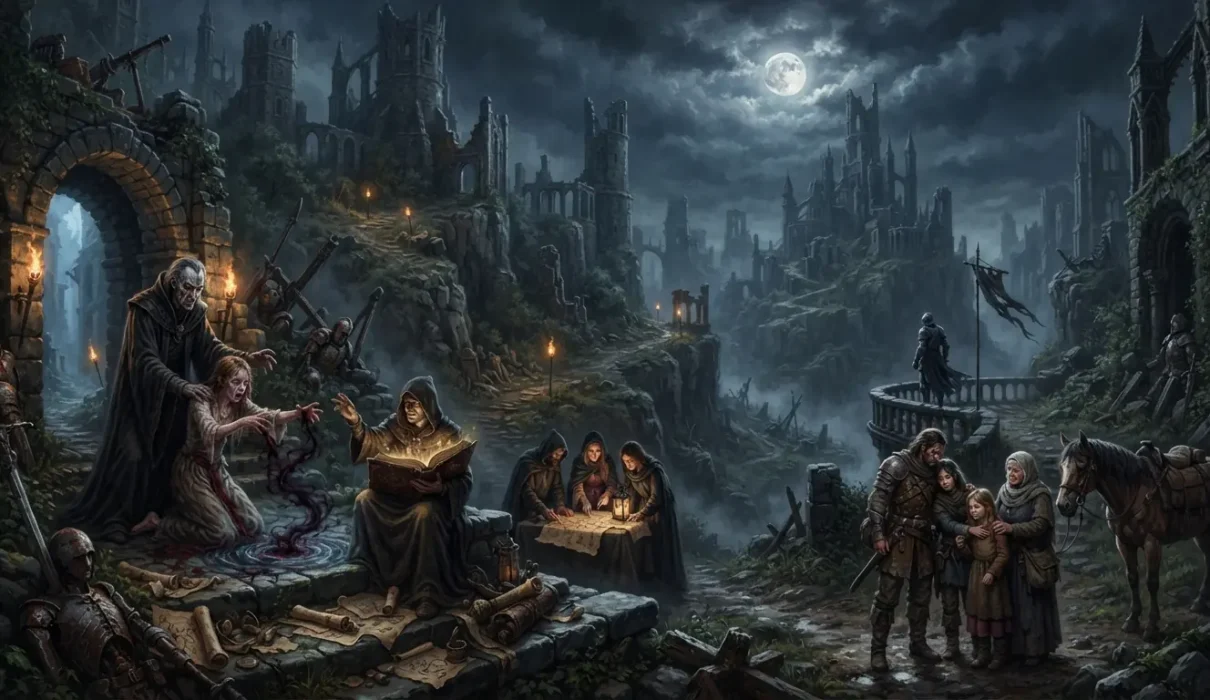 Seven dark fantasy tropes converge across a haunted landscape of magic, betrayal, prophecy, grief, and ancient ruins.