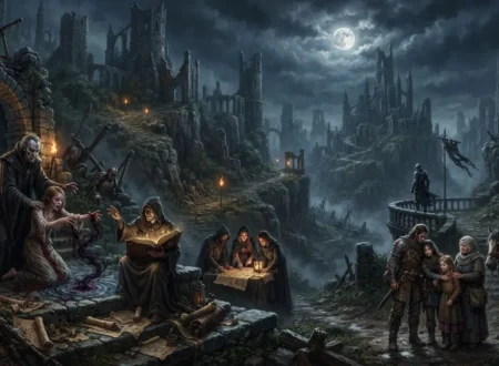 Seven dark fantasy tropes converge across a haunted landscape of magic, betrayal, prophecy, grief, and ancient ruins.
