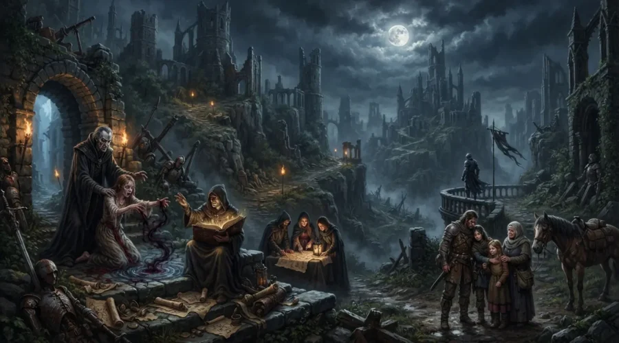Seven dark fantasy tropes converge across a haunted landscape of magic, betrayal, prophecy, grief, and ancient ruins.
