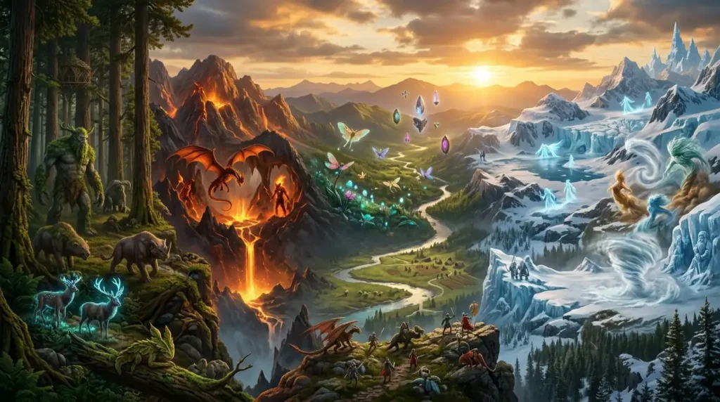 Invented fantasy creatures inhabiting different magical ecosystems