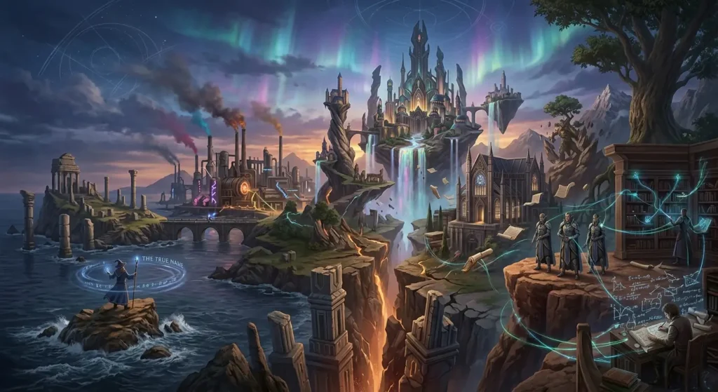 Fantasy landscape combining radically different approaches to magic