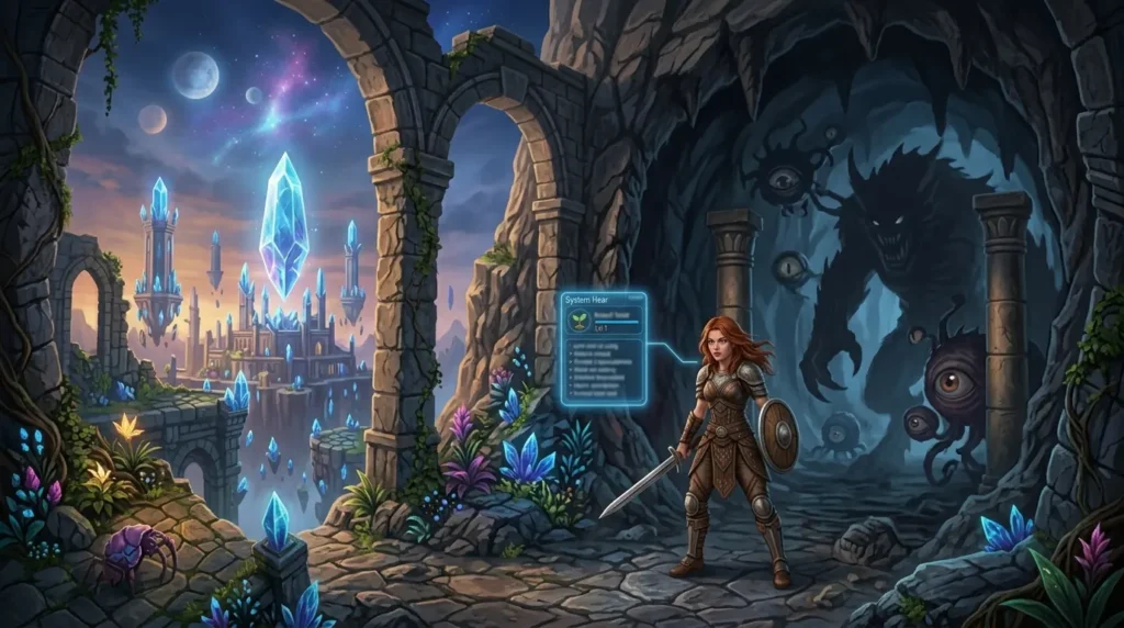 Low-level female hero facing powerful monsters