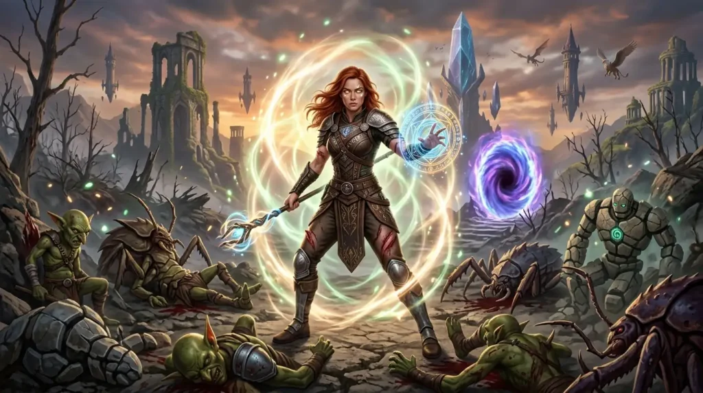 Female adventurer using healing magic in a dangerous fantasy world