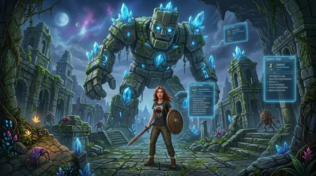 Female gamer facing a giant stone golem in a virtual fantasy world