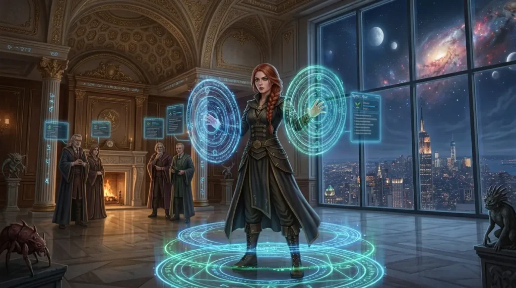 Female magician competing inside a secret magical society