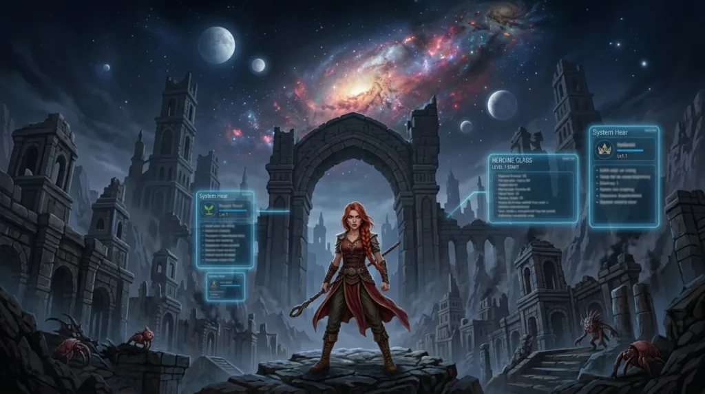 Female superhero standing above a modern city