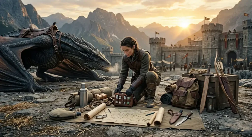 Dragon rider preparing equipment and supplies for survival