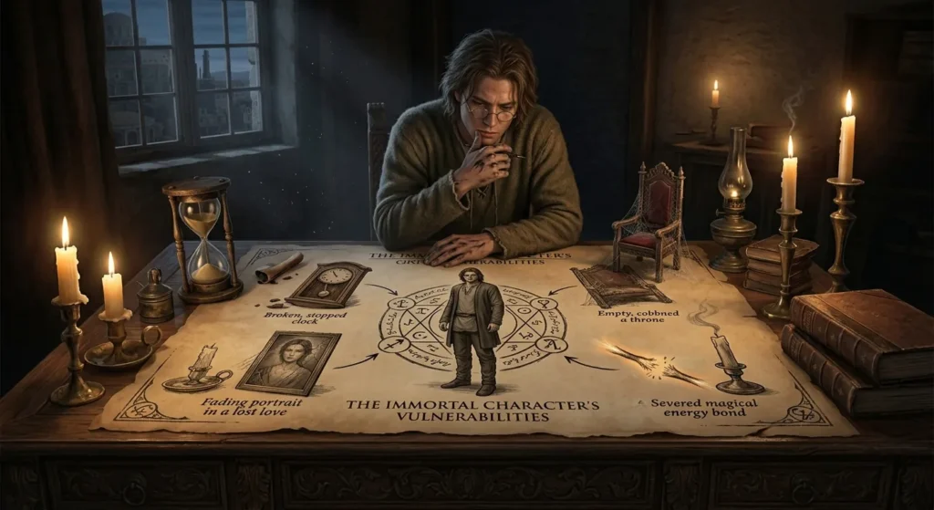 Writer testing whether an immortal character still has meaningful vulnerabilities