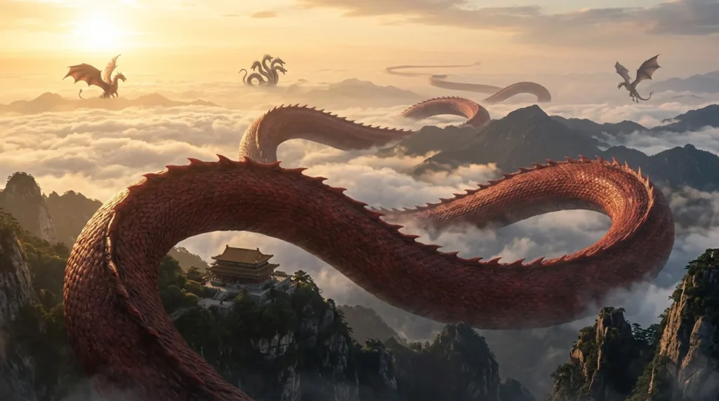 Colossal dragon stretching across a vast Chinese landscape