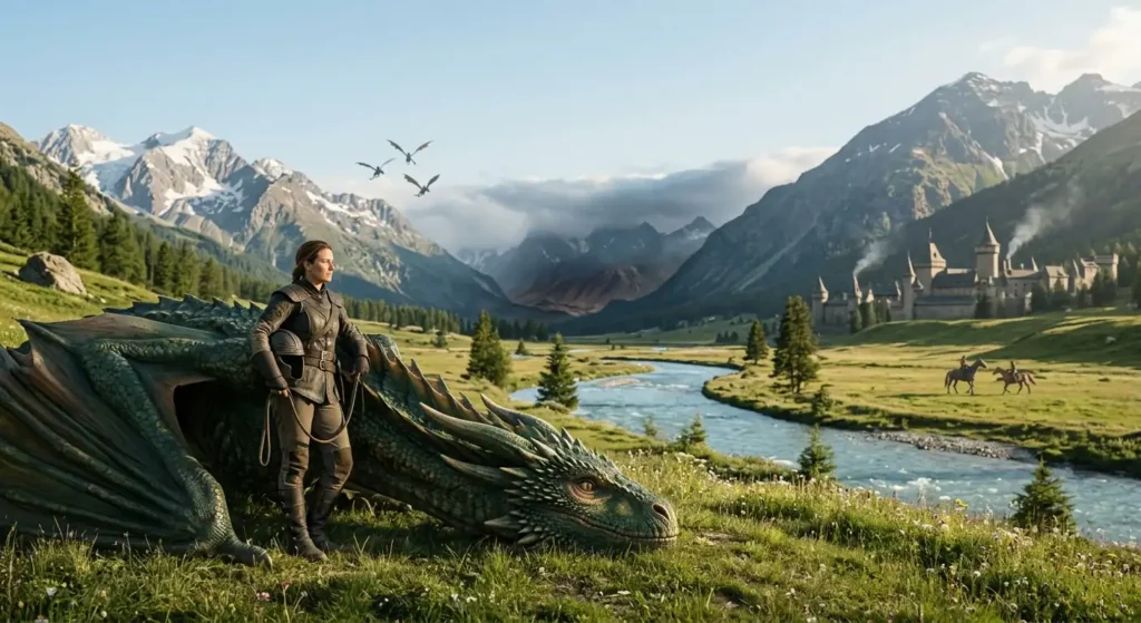 Experienced dragon riders training safely in a mountain valley