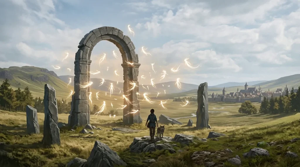 Magical spren appearing around a fantasy landscape